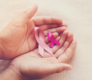 Duas mãos em forma de concha a segurar dois laços cor-de-rosa