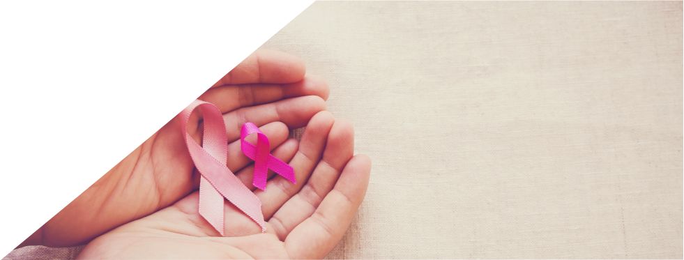 Duas mãos em forma de concha a segurar dois laços cor-de-rosa
