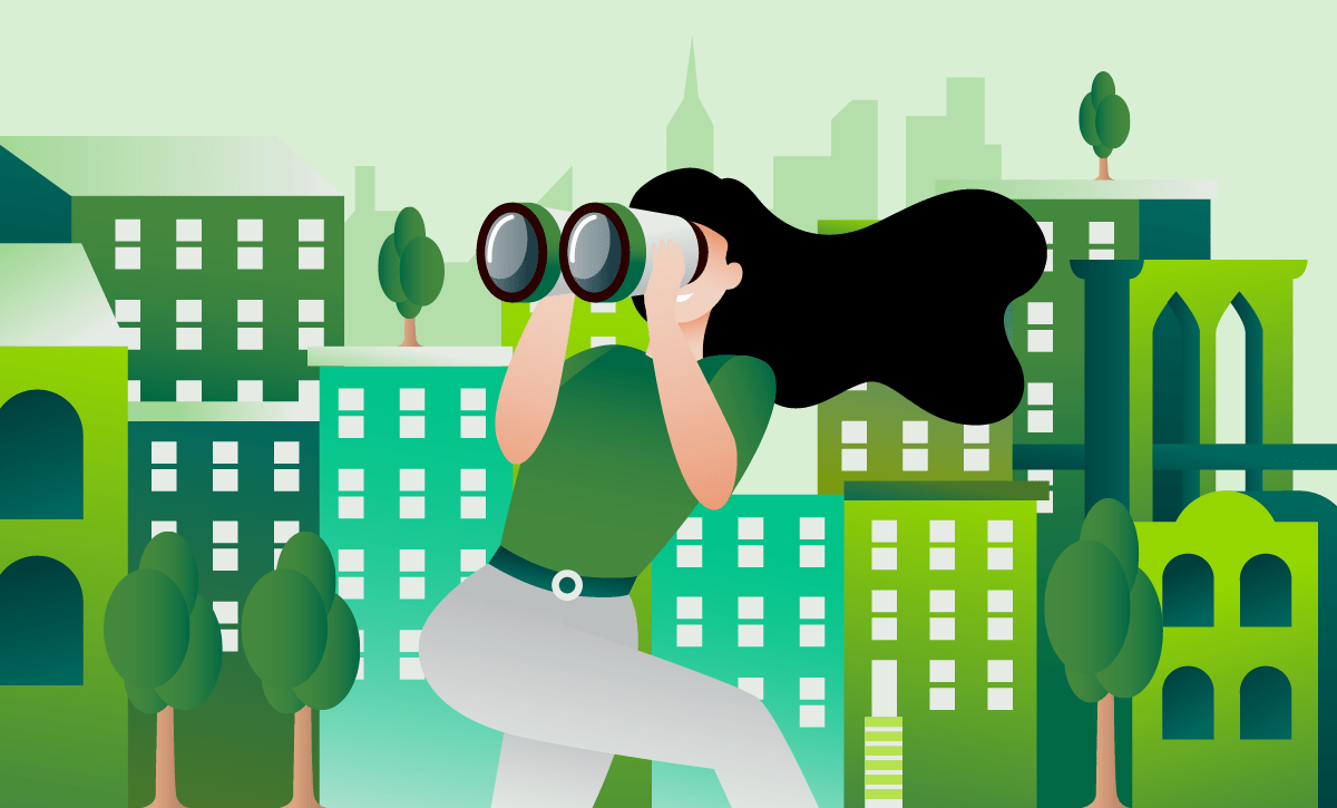 Rapariga com binócolos à frente de uma paisagem com prédios