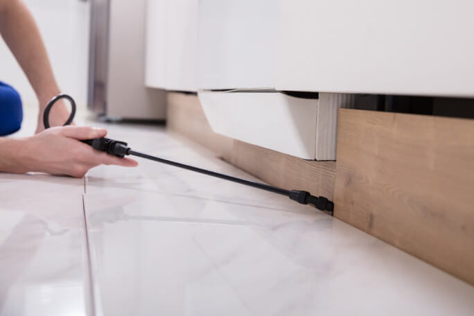 Trabalhador de controlo de pragas a pulverizar pesticida num armário de madeira