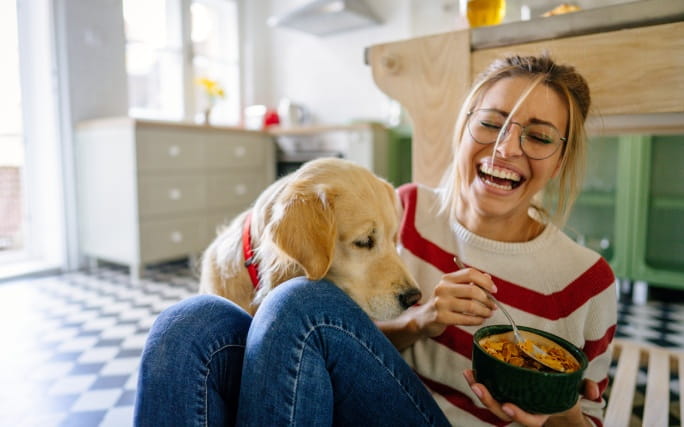 Mulher feliz numa cozinha, com o seu cão, evita dar-lhe fruta que os cães não podem comer.