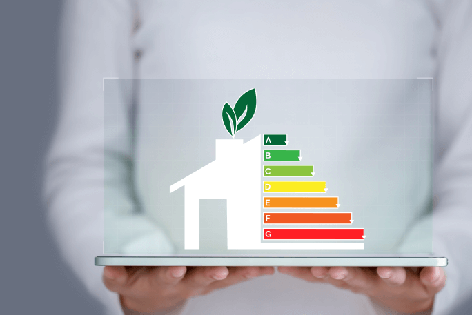 Mãos seguram num tabuleiro com uma representação de uma casa ecológica, com as cores das classes do certificado energético. 