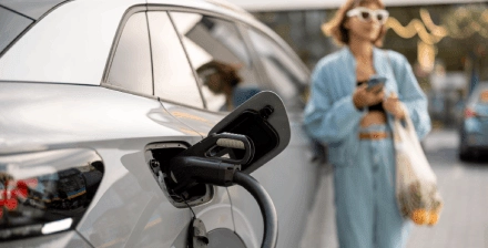 Rapariga aguarda num ponto de abastecimento por carregamento carro elétrico. Rapariga aguarda num ponto de abastecimento por carregamento carro elétrico.
