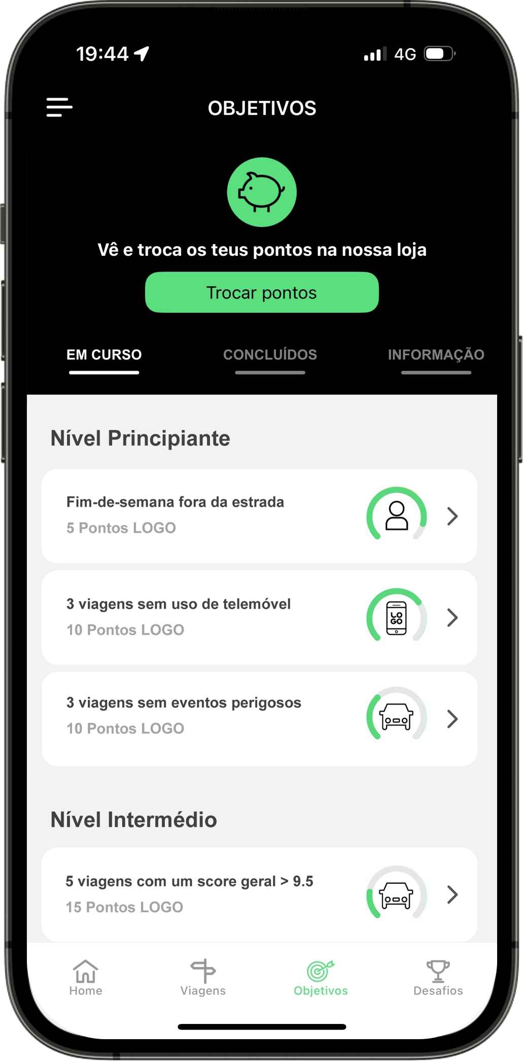 Ecrã app Ganha LOGO Objetivos mensais