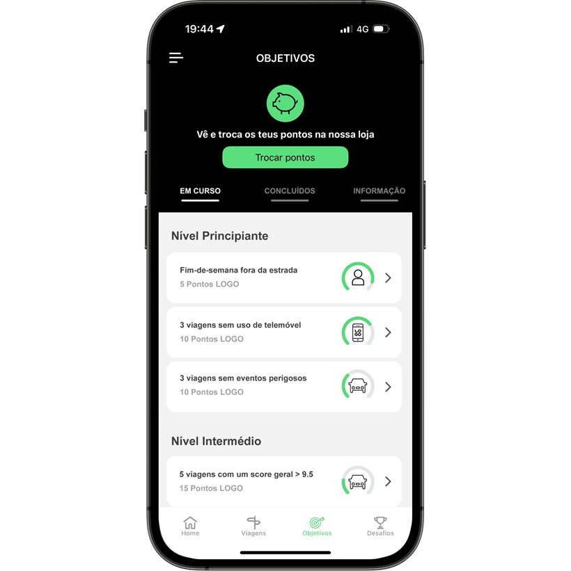 Ecrã app Ganha LOGO Objetivos mensais